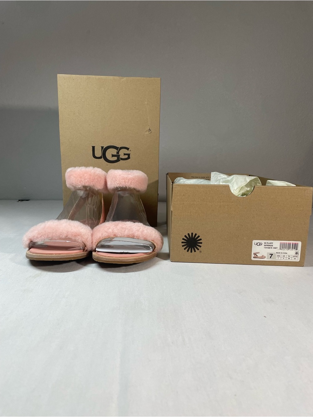 UGG Kids Pink Shearling Clear Band Slide Sandals